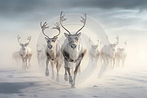 A group of reindeer swiftly gallops across a snowy field, A herd of reindeer migrating across a snow-covered plain, AI Generated
