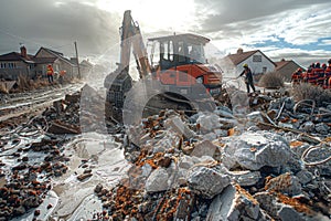 A group of rescuers begins to dismantle the rubble in search of trapped people