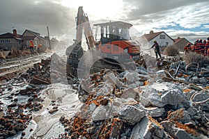A group of rescuers begins to dismantle the rubble in search of trapped people photo