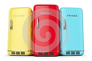 Group of retro colored fridges in row