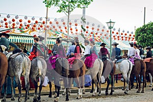 Group of riders on horseback at the April Fair, Seville Fair Feria de Sevilla