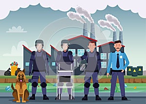 Group of riot polices with uniforms and dog characters
