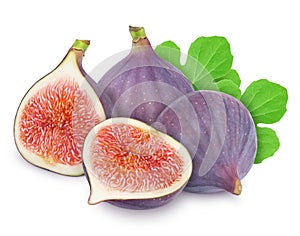 Group of ripe sweet figs with leaves isolated on white background.