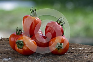 Group of ripened tasty red raw strawberry tomatoes on wood on green natural background, tasty healthy vegetables still life