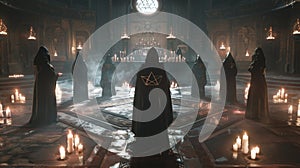 A group of robed figures conducting a ritual in a darkened room with candles and crystals arranged in precise geometric photo