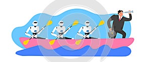 Group of robots humanoid rowing a boat and businessman with telescope .robotic tchnology teamwork success strategy leadership