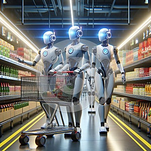 A group of robots scanning the aisles for food items, photorea photo