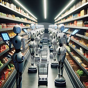 A group of robots scanning the aisles for food items, photorea photo