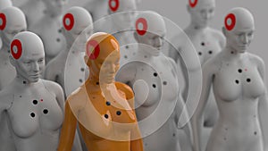 a group of robots standing in rows one robot from all