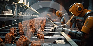 A group of robots working on a conveyor belt. Generative AI image.