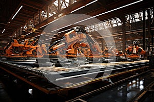 A group of robots working in a factory. Generative AI image.