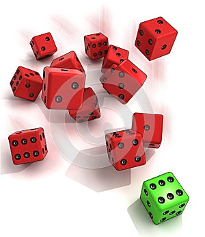 Group rolling red dices with one winning green