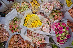 Group of rose bouquets wrapped in paper