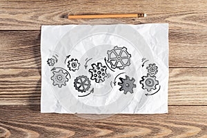 Group of rotating gears pencil hand drawn