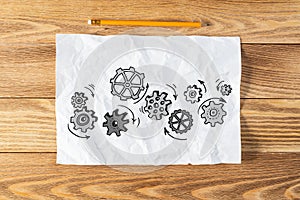 Group of rotating gears pencil hand drawn