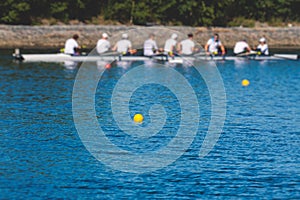 Group of rowing team athletes sculling during competition, kayak boats race in a rowing canal, regatta in a summer sunny day,