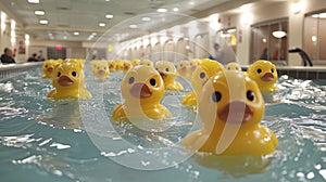 A group of rubber ducks floating in a pool with other rubber duckies, AI photo
