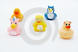 A group of rubber ducks on an isolated background