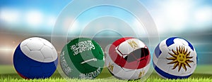 Group A Russia. Saudi Arabia Egypt Russia Uruguay. soccer football ball 3d rendering