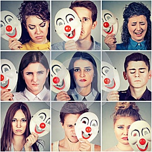 Group of sad angry people hiding real emotions behind clown mask