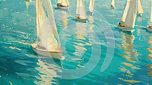 A group of sailboats glide gracefully across the calm turquoise waters. The artists eye is drawn to the reflections of