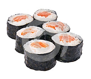Group of salmon sushi maki isolated on white background
