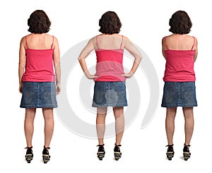 Group of same woman rear view in a denim skirt on white background