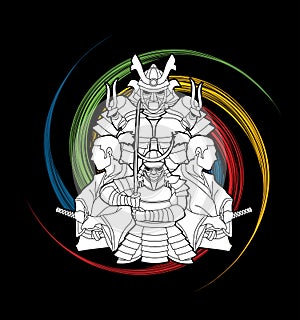 Group of Samurai, Ready to fight composition graphic vector