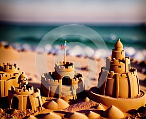 A group of sandcastles on a beach with a flag waving in the background.