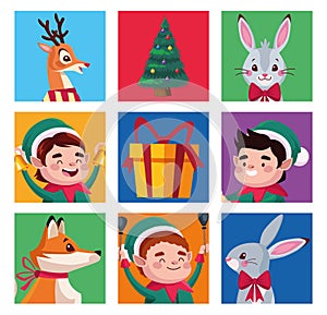 group of santa helpers with animals characters