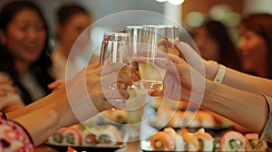 A group of satisfied students raising their glasses of sakefree mocktails in a toast to their successful and sober sushi photo