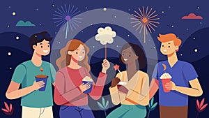 The group savors the last bites of their smores as they watch fireworks light up the night sky celebrating their photo