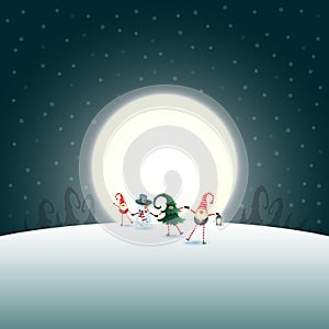 Group of scandinavian gnomes and snowman are walking in front of full moon - Christmas winter background