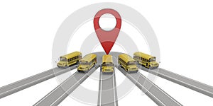 Group of school buses at one map point