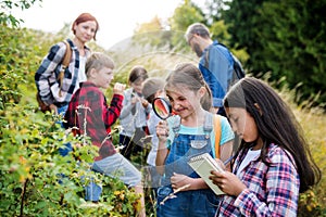 Group of school children with teacher on field trip in nature, learning science.