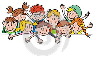 Group of school children on white background, vector illustration