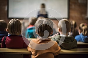 group of school kids seated in a classroom, listening to teacher view from the back