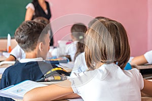 group of school kids sitting and listening to teacher in classroom from back