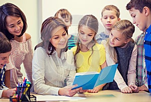 Group of school kids with teacher in classroom