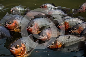 A group of a school of predatory tropical piranha fish. Freshwater exotic fauna of the Amazon. AI generated.