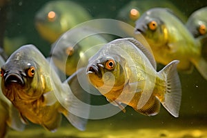 A group of a school of predatory tropical piranha fish. Freshwater exotic fauna of the Amazon. AI generated.