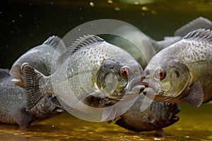 A group of a school of predatory tropical piranha fish. Freshwater exotic fauna of the Amazon. AI generated.