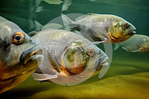 A group of a school of predatory tropical piranha fish. Freshwater exotic fauna of the Amazon. AI generated.