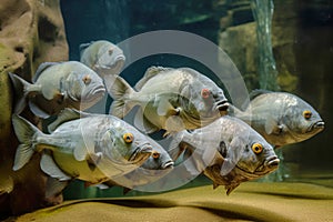 A group of a school of predatory tropical piranha fish. Freshwater exotic fauna of the Amazon. AI generated.