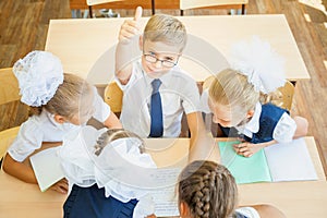 Group of schoolchildren at school classroom sitting at desk