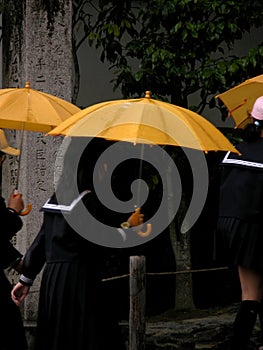 A group of schoolchildren visiting a Japanese temple in Japan photo