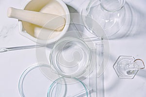 Group of scientific laboratory glassware with clear liquid solution, Science research and development concept