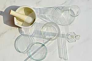 Group of scientific laboratory glassware with clear liquid solution, Science research and development concept