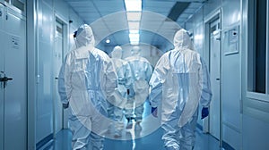 A group of scientists clad in hazmat suits walk down a sterile hallway backs to the camera as they make way towards the