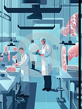 A group of scientists in lab coats discussing the progress of labgrown meat production.. AI generation